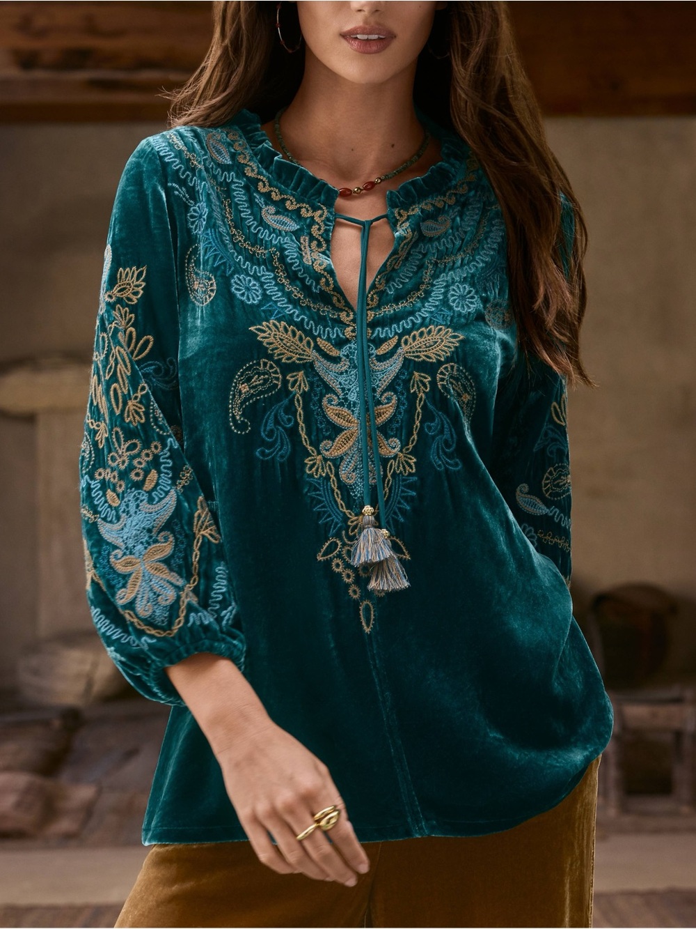 Johnny Was Shira Velvet Field Blouse Peacock Teal Blue Green L $348